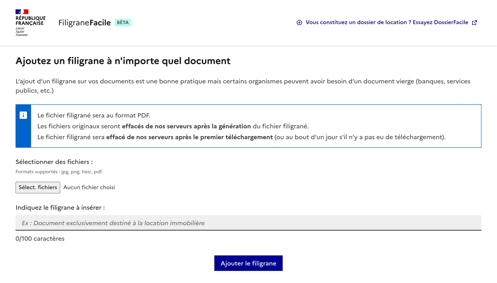 The FiligraneFacile homepage, whose info box states that original files are deleted from their servers after generation