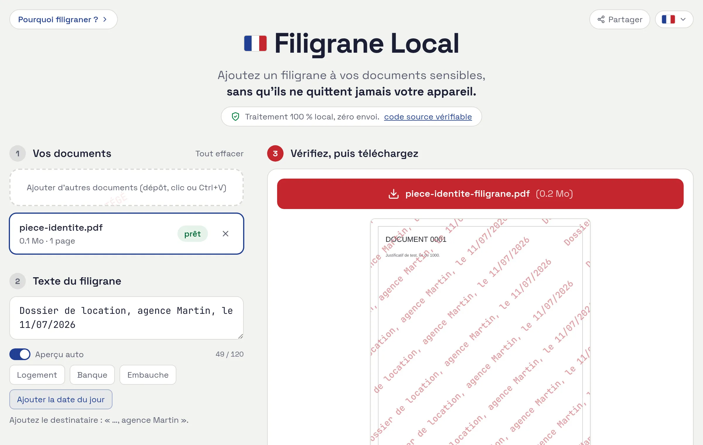 Filigrane Local watermarking a test ID document, 100% local: preview and download button ready